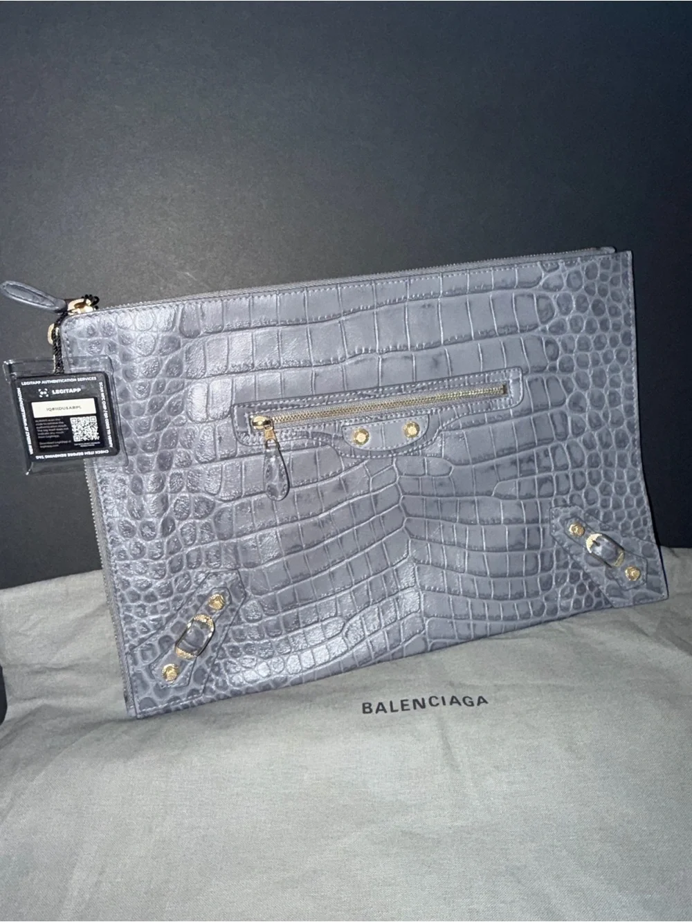 Balenciaga Croc-Embossed Leather Pouch in Slate Gray with Gold Hardware Auth COA